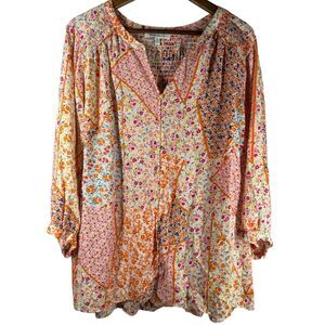 Rose + Olive Womens Floral Button Up Top Sz 2X Comfort Casual Boho V Neck